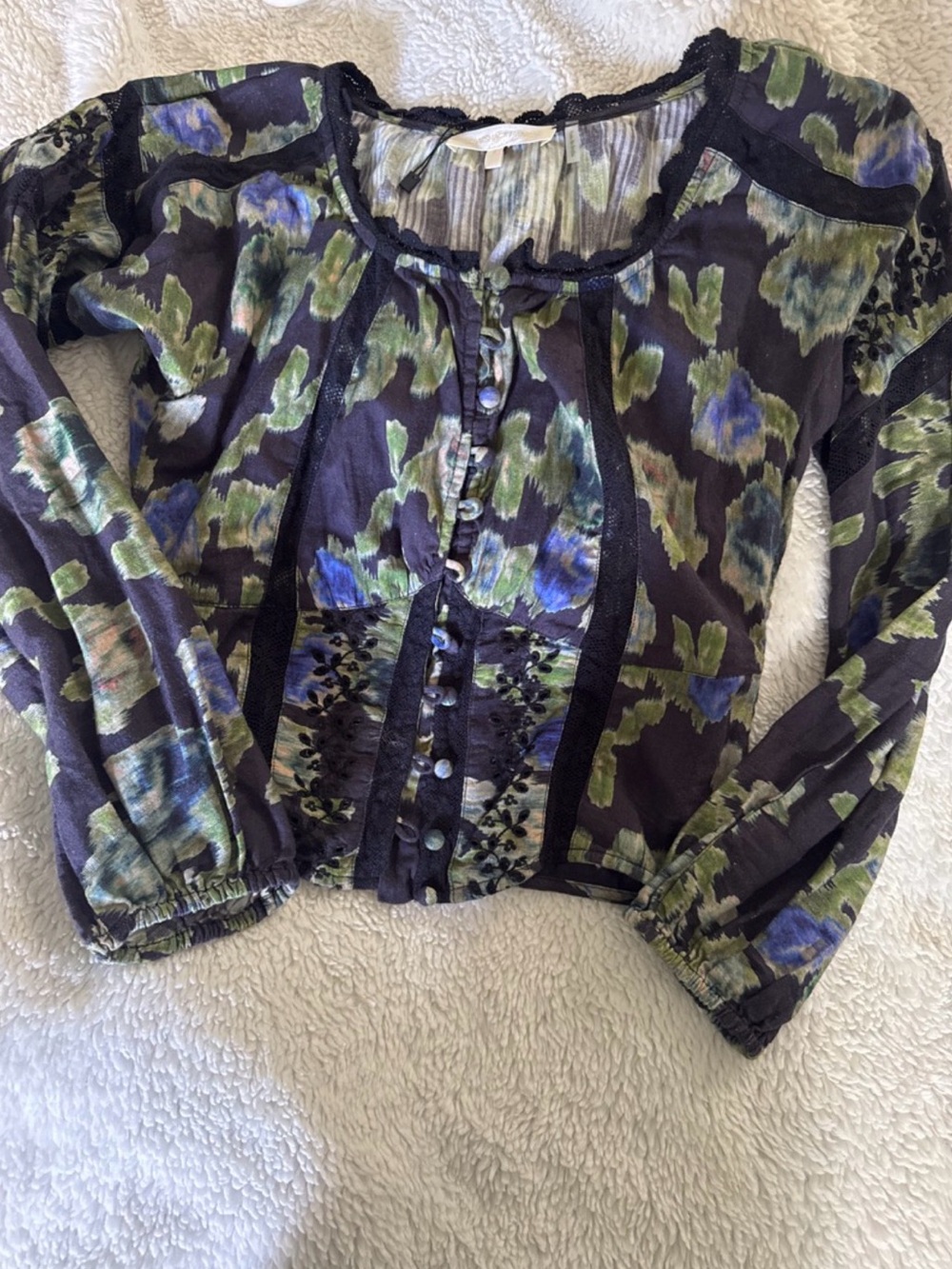 LoveShackFancy Smocked Peasant Crop Top Floral Beaded Trim Sz 4 Cottagecore